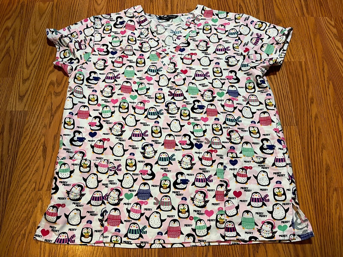 Cassandra O V- Neck Scrub Top Christmas Penguins Multicolor Nurse
