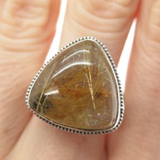 925 Sterling Silver Vintage Real Rutilated Quartz Spiral Oxidized Ring Size 9.75
