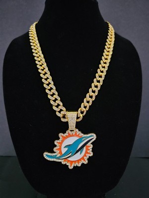 Miami Dolphins Cuban Link Chain Luxury Iced Out Crystal 24'' Necklace 8