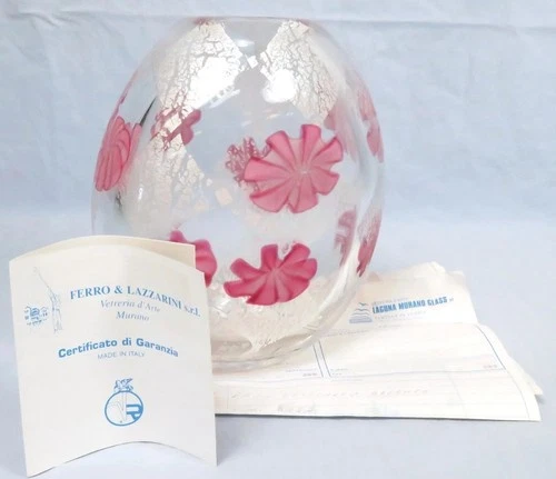 Murano Crystal Art Glass Vase Ferro & Lazzarini Pink Flowers Signed 7.75" 7.5Lbs