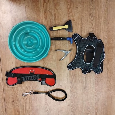 Dog Essentials Set: L Harness Leash Slow Feeder Nail Clipper & Hair Remover