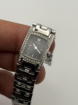 Citizen Eco-Drive Women's Rectangular Silver Bracelet Gray Dial Gem-Set 5 ATM