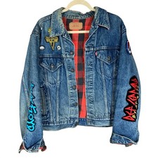 Vintage Levi's 46 Jean Denim Trucker Jacket 80's Band Patches Pins Motorcycle