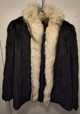 Women's Black Fur Overcoat w Ivory Fur Collar Lined Long Sleeve See Photo, Descr