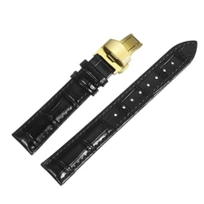 Leather Band Deployment Buckle Watch Strap 18mm Leather Strap, Black/Gold
