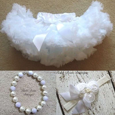 New Girls White Tutu 1-2 years Baby Pettiskirt Chunky Bead Necklace and Headband