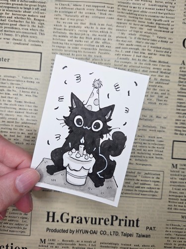 ACEO Original Ink Painting "INKTOBER, 15 - HOORAY" Signed, 3.5" x 2.5"