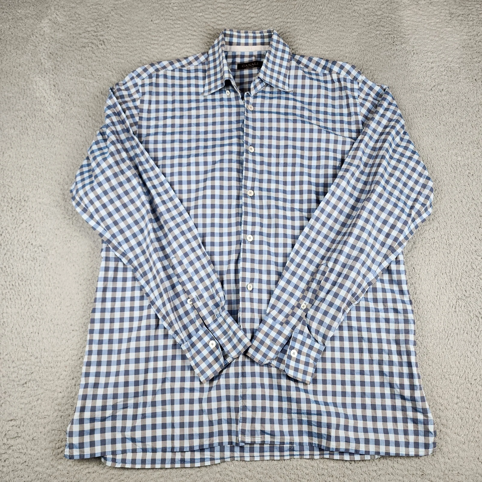 Canali Shirt Mens Large Blue Brown Plaid Sportswear Long Sleeve Outdoor