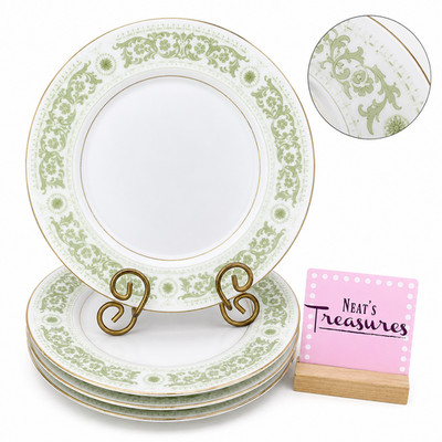 Mikasa ARABESQUE 9361 Green Scroll Design Rim Gold Trim China Dinner Plate Set 4