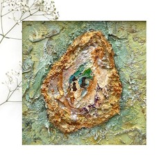 Oyster2 Shell pittura originale tecnica mista Impasto foglia oro testurizzata 4x4 pollici sistema operativo