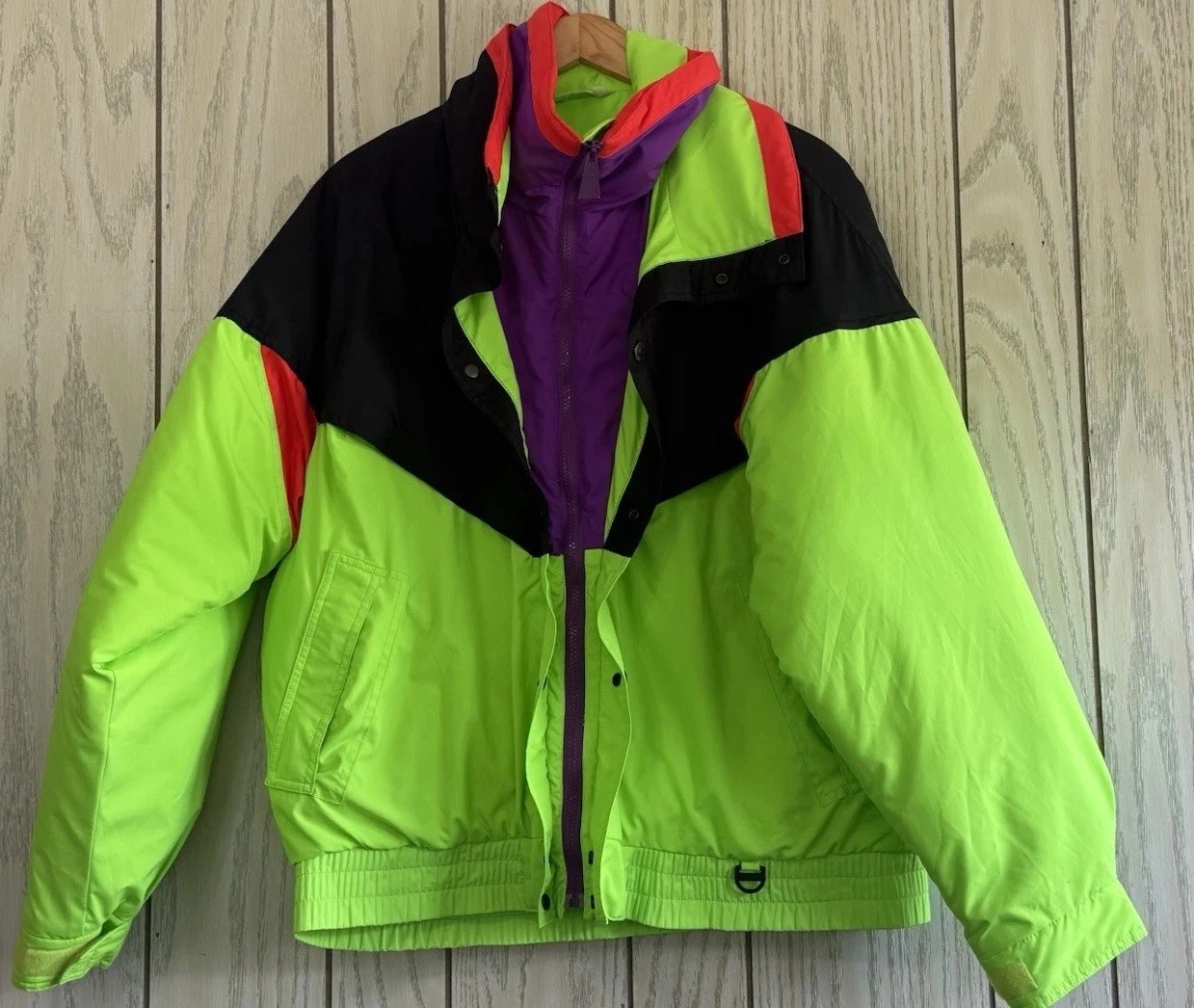 Vtg Downhill Racer Jacket Mens Large Ski Coat 80s Retro Fluorescent Green