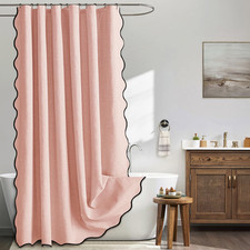 Blush Pink Scalloped Shower Curtain Linen Textured with 12 Metal Hooks Cute Heav