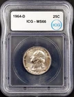 1964 D Washington Quarter certified MS 66 by ICG! Toned obverse!