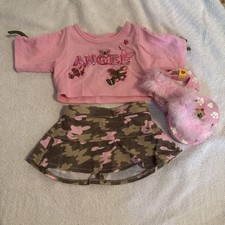 Build A Bear Camo Skirt Angel Shirt Butterfly Fuzzy Flip Flops