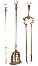 Antique Art Nouveau Ornate Heavy Solid Brass 3 Piece Fireplace Fire Tool Set