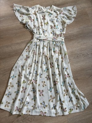 Ms Chaus Bow Print Flutter Sleeves Preppy Girl Dress Multicolor Size 10 Vintage