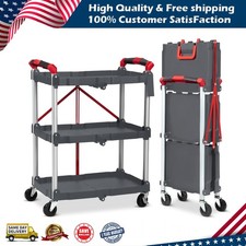 3-Tier Folding Utility Cart Garage Foldable Rolling Cart Service Cart Portable