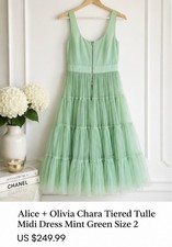 Alice + Olivia Chara Tiered Tulle Midi Dress Mint Green Sleeveless Size 2