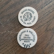 2 Vintage Magic Nickel Wooden Tokens Vanburch & Wellford Show Shenandoah South