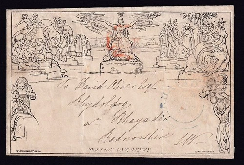 GB QV Wales 1d Mulready envelope rare Welsh local use Holywell to Rhayadr