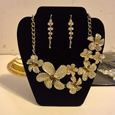 Silver Tone Clear Round Crystal Rhinestone Flower Jewelry Set Necklace Earrings