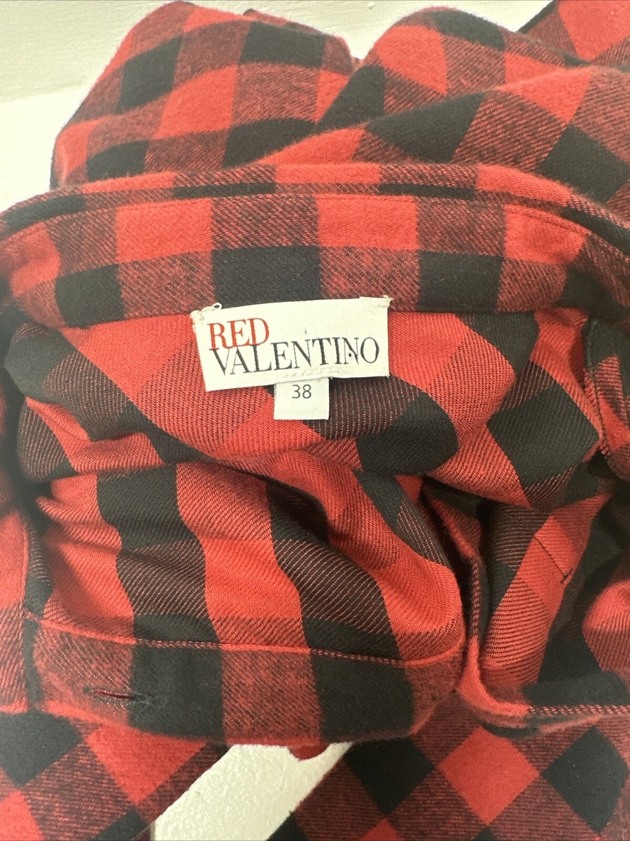 Red Valentino Shirt Dress Mini Button Down Buffalo Plaid Red