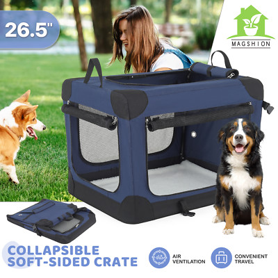 26.5'' Soft Dog Cat Crate Travel Collapsible Pet Cage Navy Blue w/Pocket&4 Doors