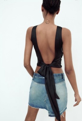   Zara Top Oberteil Satin Schwarz Rückenfrei M  