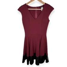 B. Darlin Burgundy Black Skater Dress Faux Leather Trim Flare Skirt Size 5 / 6