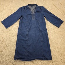 J Jill Denim Dress Womens Sz XS Stretch Lace Up Neck Raw Hem 3/4 Sleeve Pockets