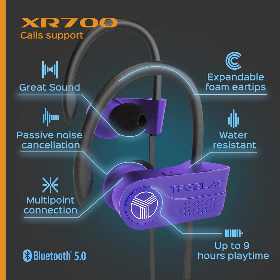TREBLAB XR700 Wireless Workout Earphones Custom Adjustable Earhooks Purple - Image 4 of 4