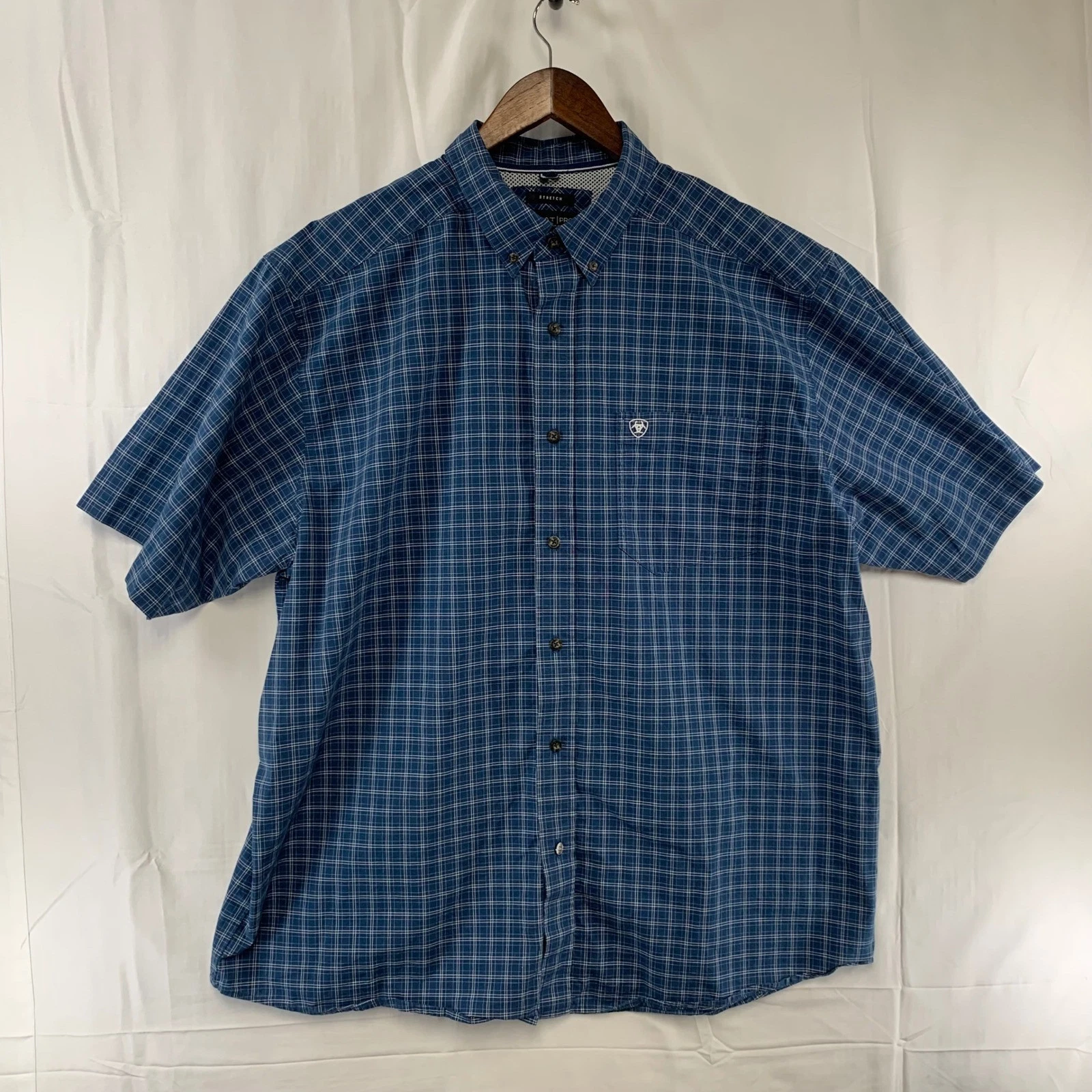 Ariat Pro Kyree Shirt Mens XL Blue Plaid Short Sleeve Stretch Button Down