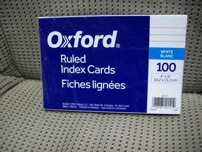 Oxford 4'' x 6'' Ruled 100 ct. White Index Cards in sealed package, #40141
