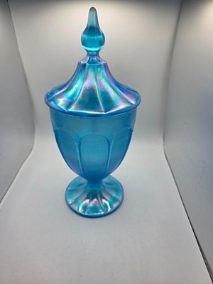 Fenton 90th Anniversary Candy Jar Urn Stretch Glass Celeste Blue  10.5''