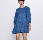 Zara Women's Puff Sleeve Blue Leopard Dress. Size Small