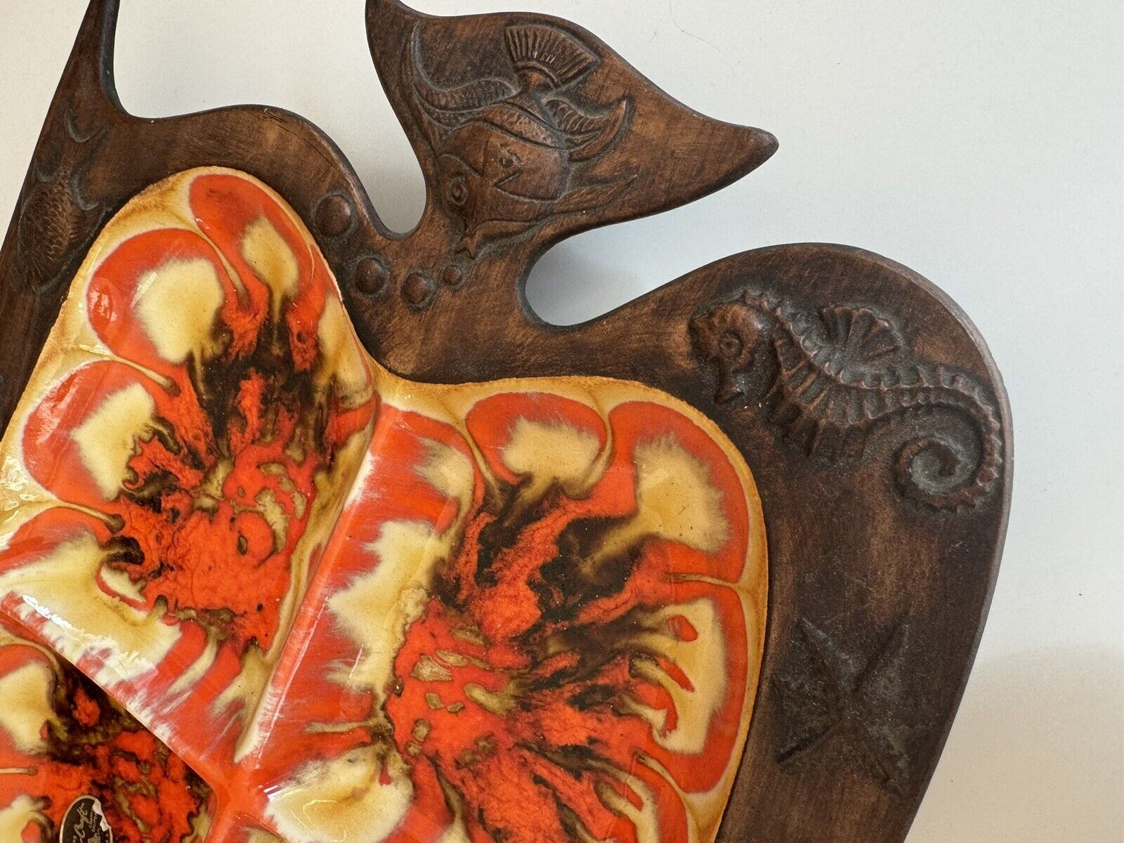 Fish Platter Vintage MCM Treasure Craft Large Sectioned Orange Brown Yellow EUC