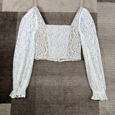 Blush Boutique White Lace Corset Crop Top Long Puff Sleeve Hook Eye Womens S
