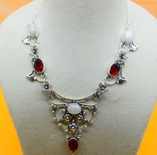 Moonstone&Garnet Gemstone 925 Sterling Silver Jewelry Necklace Size 17-18"