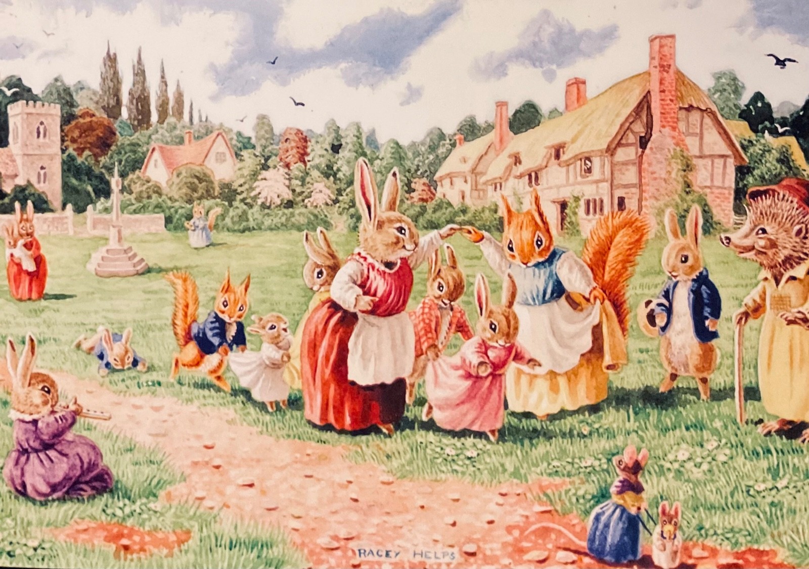 Vintage Nostalgic Spring Animal Card ~ Village Green ~ Rabbits ~ Blank Single