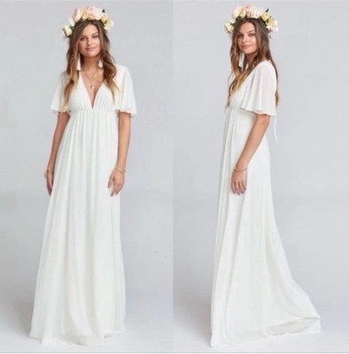 Show Me Your Mumu Womens Faye Flutter Elegant Deep V  Maxi Dress Ivory Small