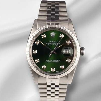 Rolex 36mm Datejust Steel Engine-Turned Jubilee Green Dial Watch 16030