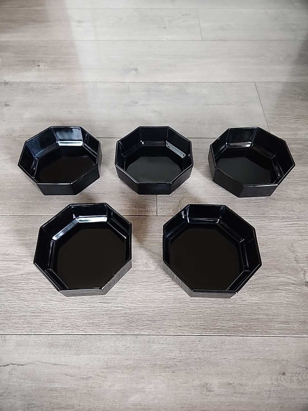 Vintage 80s Arcoroc OCTIME Black Glass Salad Bowl Set 5pc France 5.5 Inch  