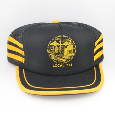 #ad Pem Brand Trucker Hat OSFM Black Yellow 3 Stripes Iron Workers Local 771 Vintage $40.00