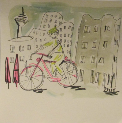 Medienhafen Radfahrer Original Zeichnung Atelier Düsseldorf urban sketch 20x20