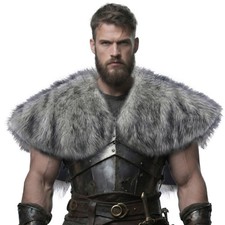 Viking Fur Shawl for Men Medieval Faux Cloak Collar - A, White Black