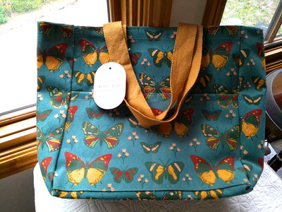 ECCOLO LARGE TOTE BAG BUTTERFLIES COTTON CANVAS 14'' X 19'' OUTSIDE POCKETS INDIA