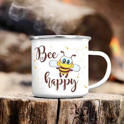 Campingbecher Kindertasse Bee Happy Biene Punkte Emaille, Geschenk Geburtstag