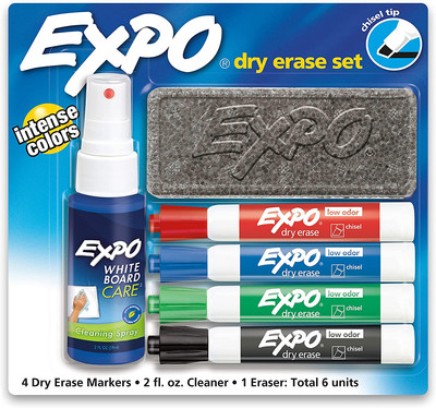 Low Odor Dry Erase Marker Set with White Board Eraser and Cleaner, Chisel Tip Dr