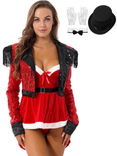 Womens Outfit Sexy Bodysuit Magic Costumes Gloves Suit Role Play Hat Sequin Bow - Picture 5 of 23