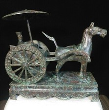 12'' Old Dynasty Bronze Ware Fengshui Horse Drawn Carriage Vehicle People Statue